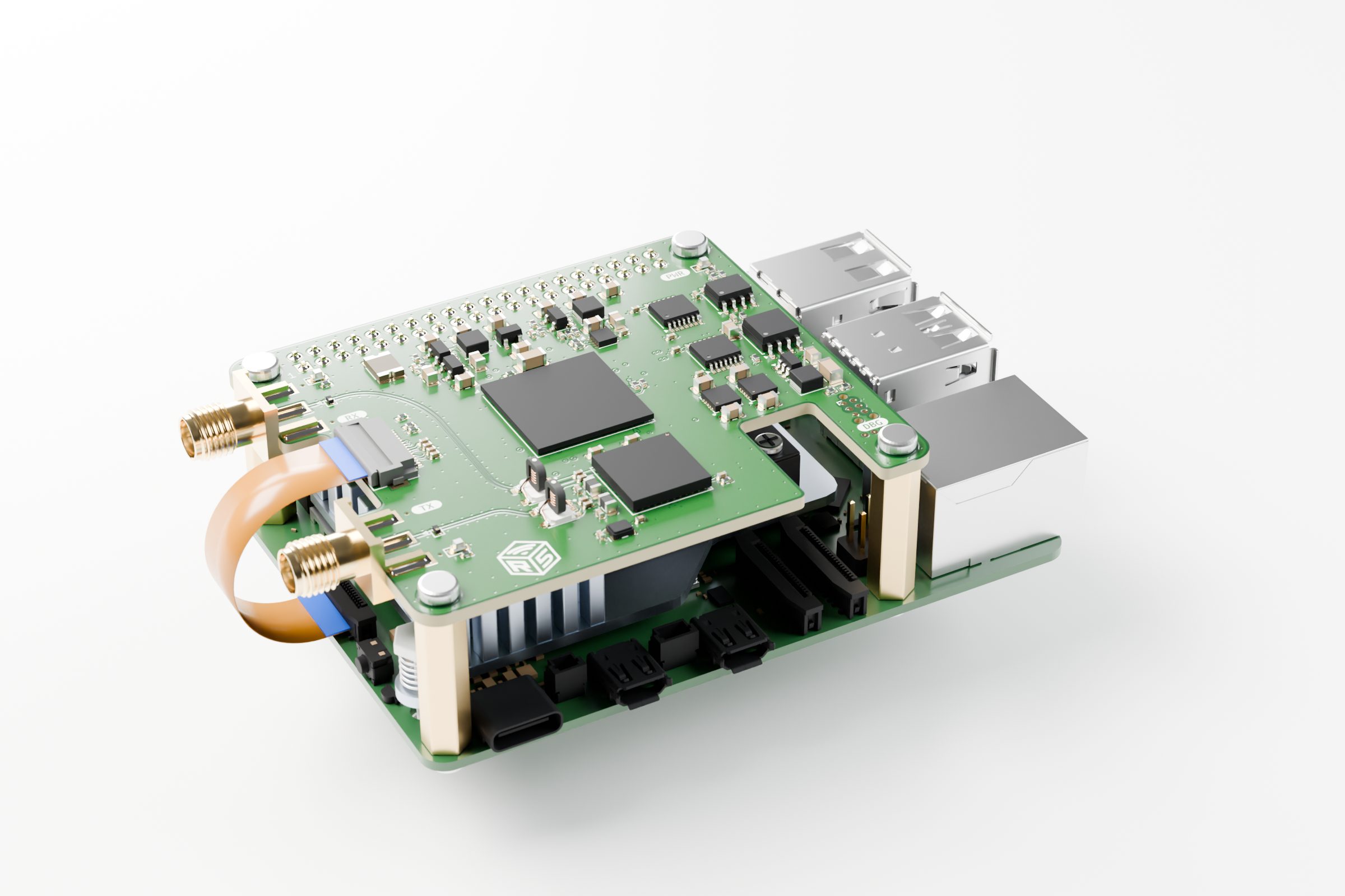 Rendering of the RFive board mounted on a Raspberry Pi 5, with RX and TX SMA connectors on the edge