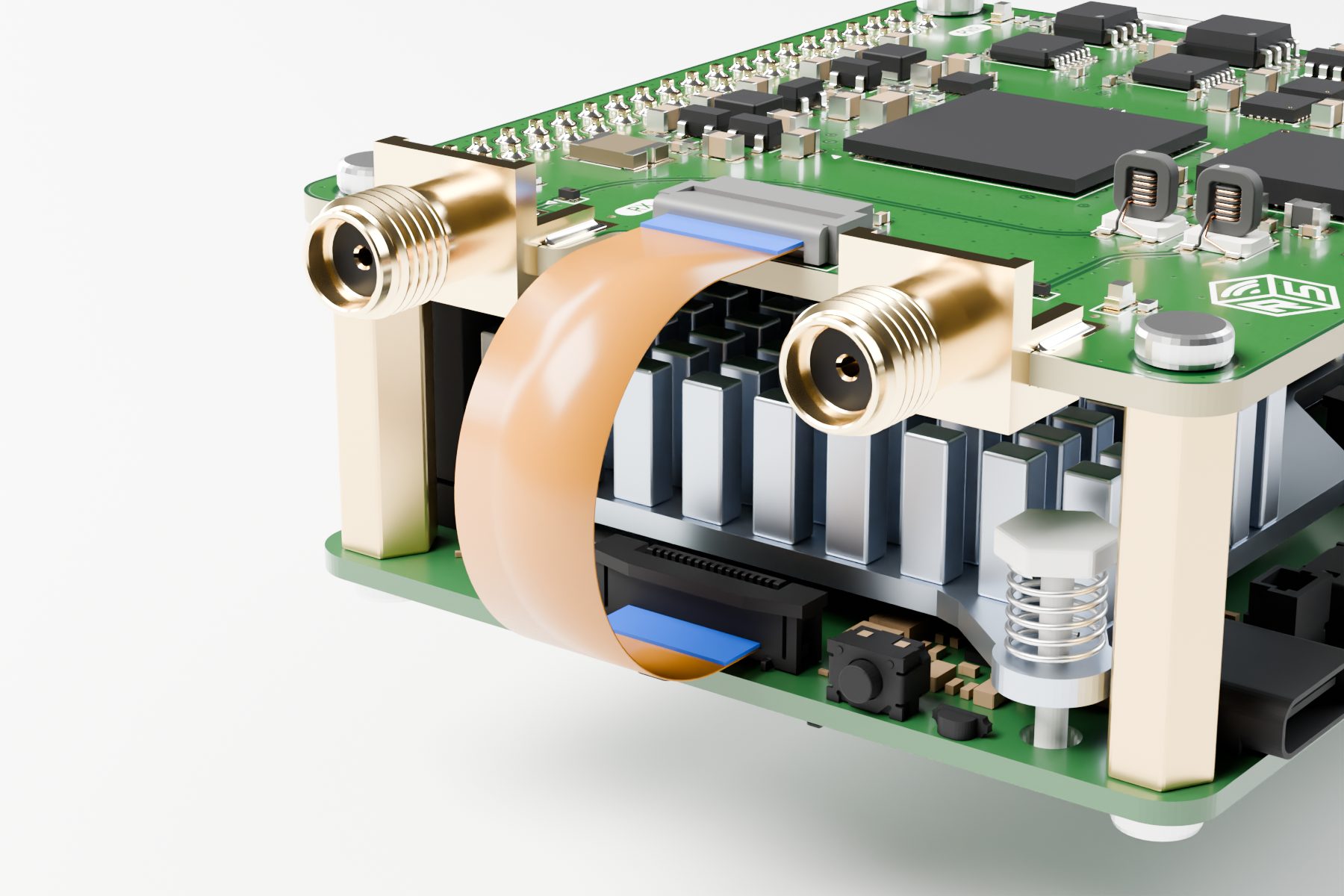 The PCIe flat cable looping from the RFive board to the Raspberry Pi 5
